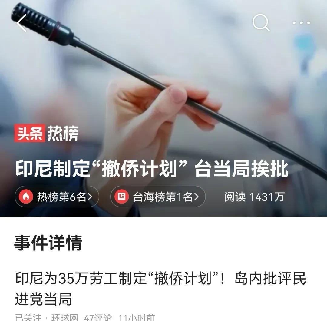  多国制定撤侨计划，台海不再平静。
印度尼西亚在台湾的务工人员有30万，是最多的