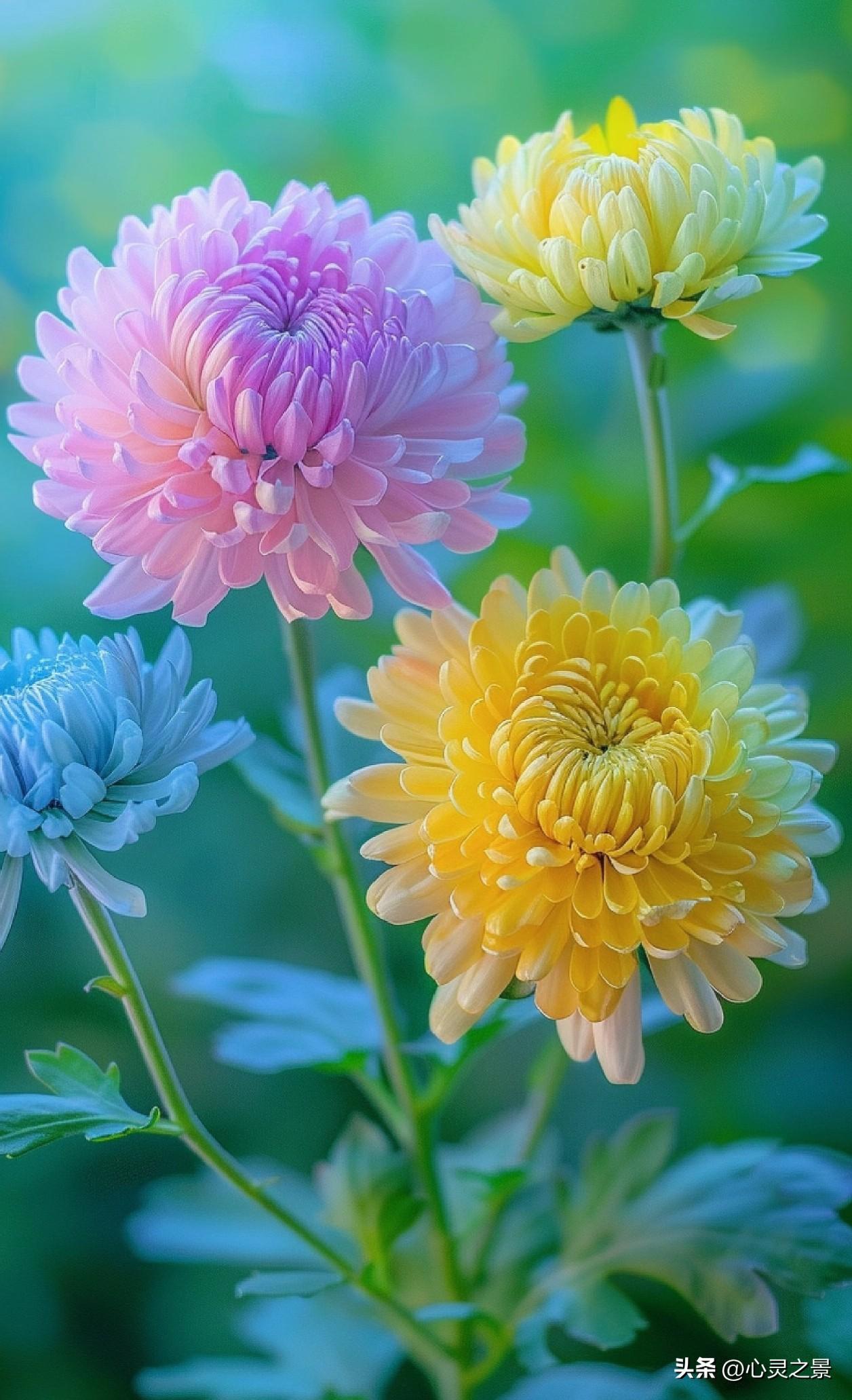 粉的温柔、蓝的澄澈、黄的明媚，三色菊花并肩而立，层层卷曲的花瓣舒展成各自独有的模