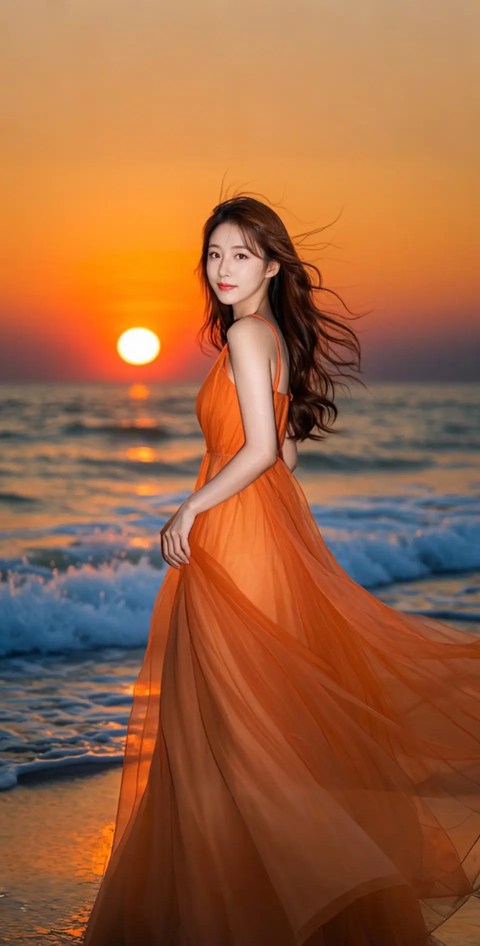 AI扩图 AI逆光海边回眸