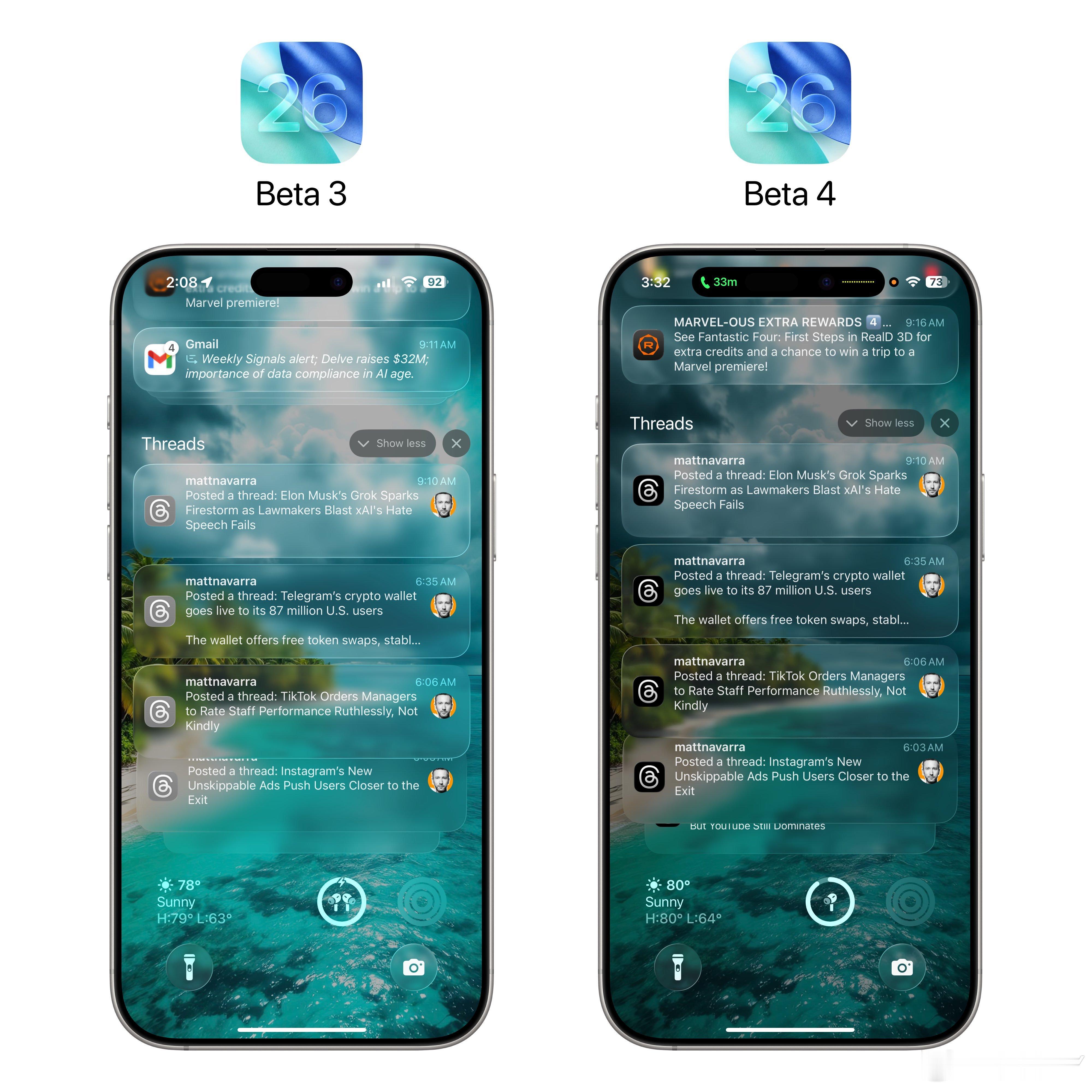 iOS 26 beta 4 中的通知功能改进。在锁定屏幕上，当您滚动浏览通知时，