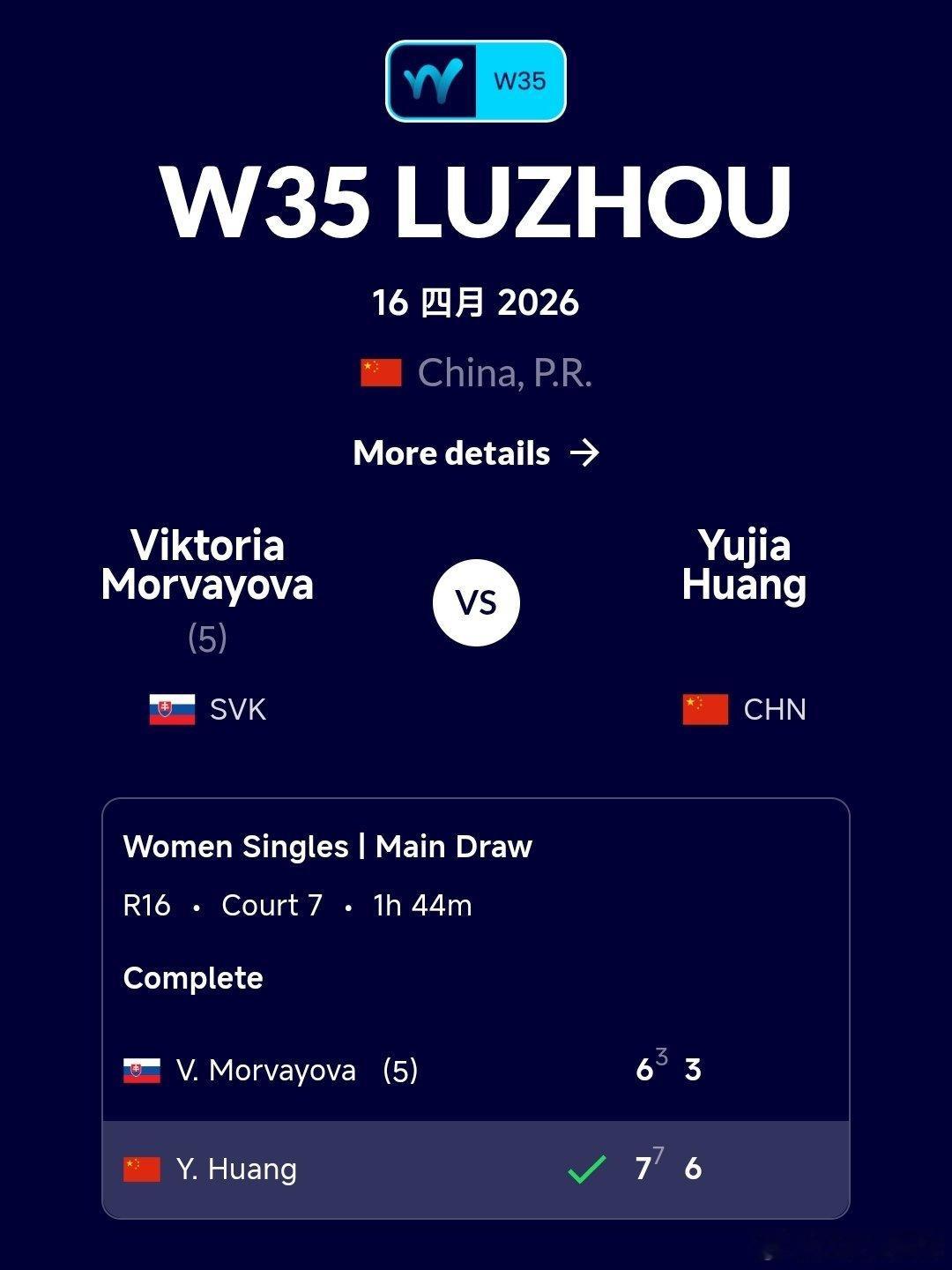 W35泸州站🇨🇳女单第2轮今日赛况：尤晓迪🇨🇳6-1/6-0王佳祺🇨?