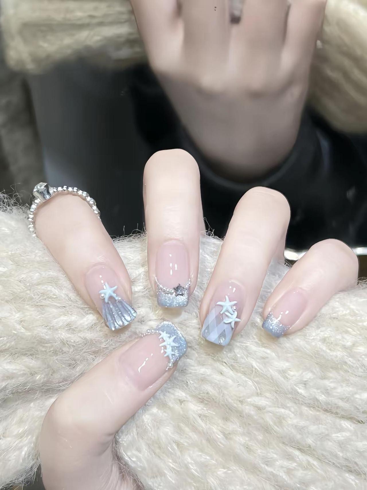 夏日蓝色海洋海星美甲。海洋美甲来啦海洋美甲 格纹美甲 猫眼美甲 秀出我的超绝美甲