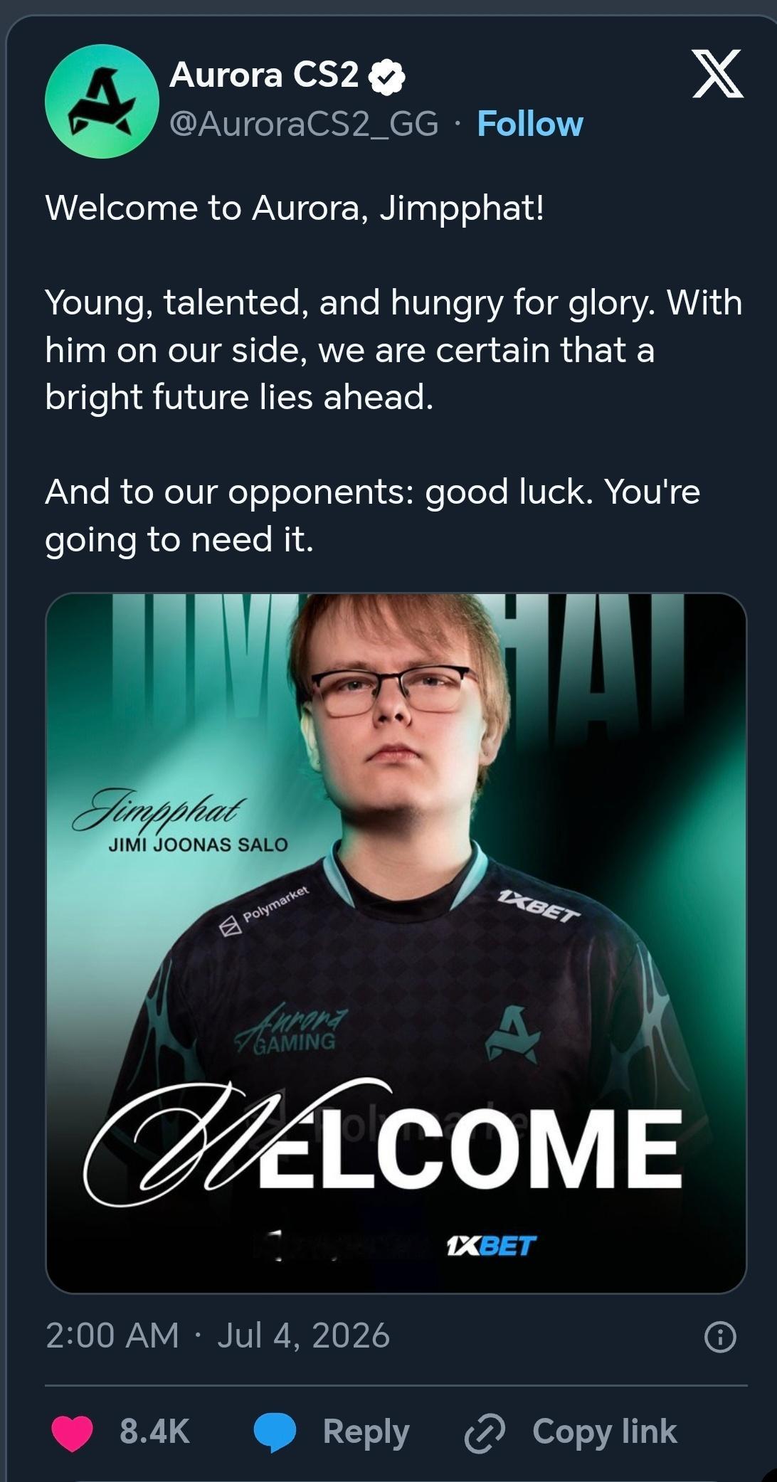 转型国际纵队！Aurora官宣签下前MOUZ明星选手🇫🇮Jimpphat，这