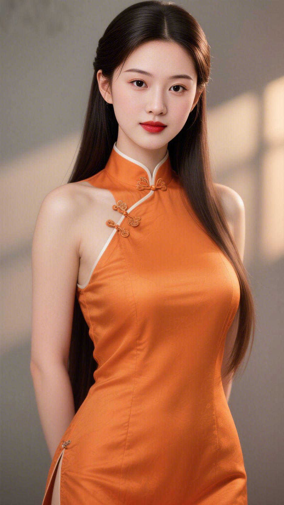 《橘襟里的雅柔》
 
橘色旗袍裹着缎面的柔，像把秋阳暖光织进衣料，领口盘扣缀着细