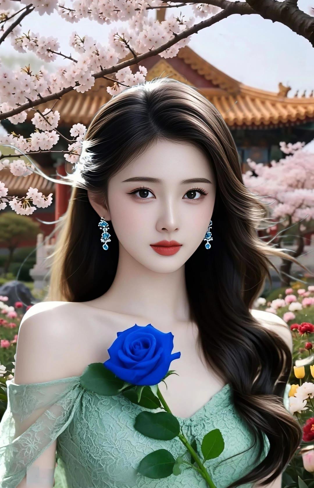 樱花树下，蓝玫瑰相伴，东方美人惊艳绽放