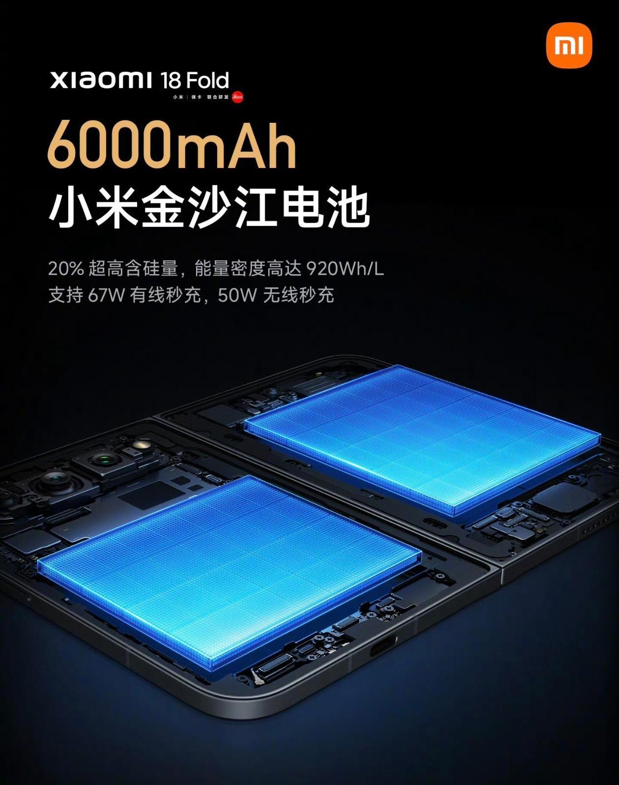 中折叠小米18 Fold电池容量是6000毫安，支持67W有线秒充和50W无线秒