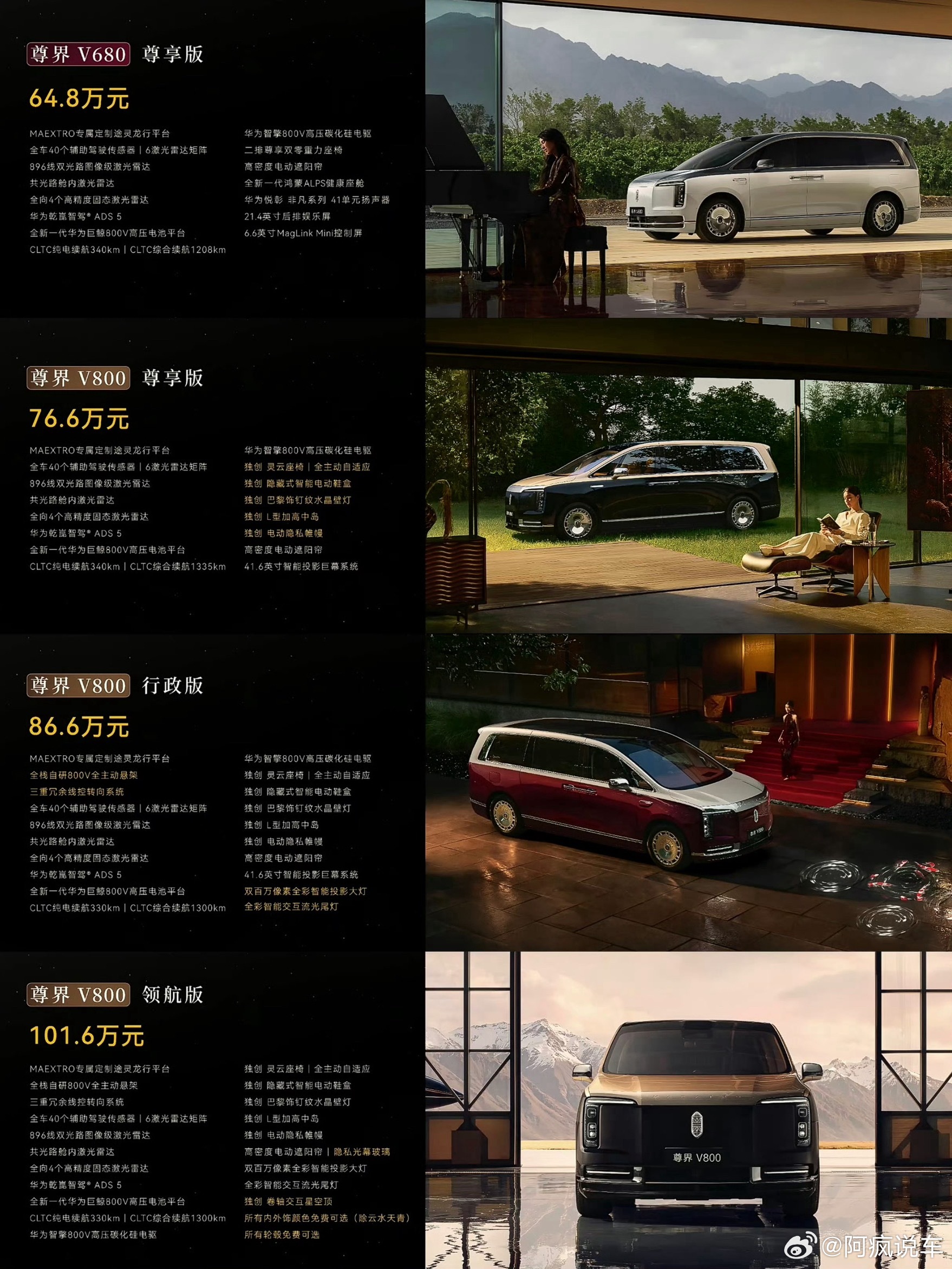 华为发布会，公布了尊界V800和V680的价格了：尊界V680尊享版：64.8万