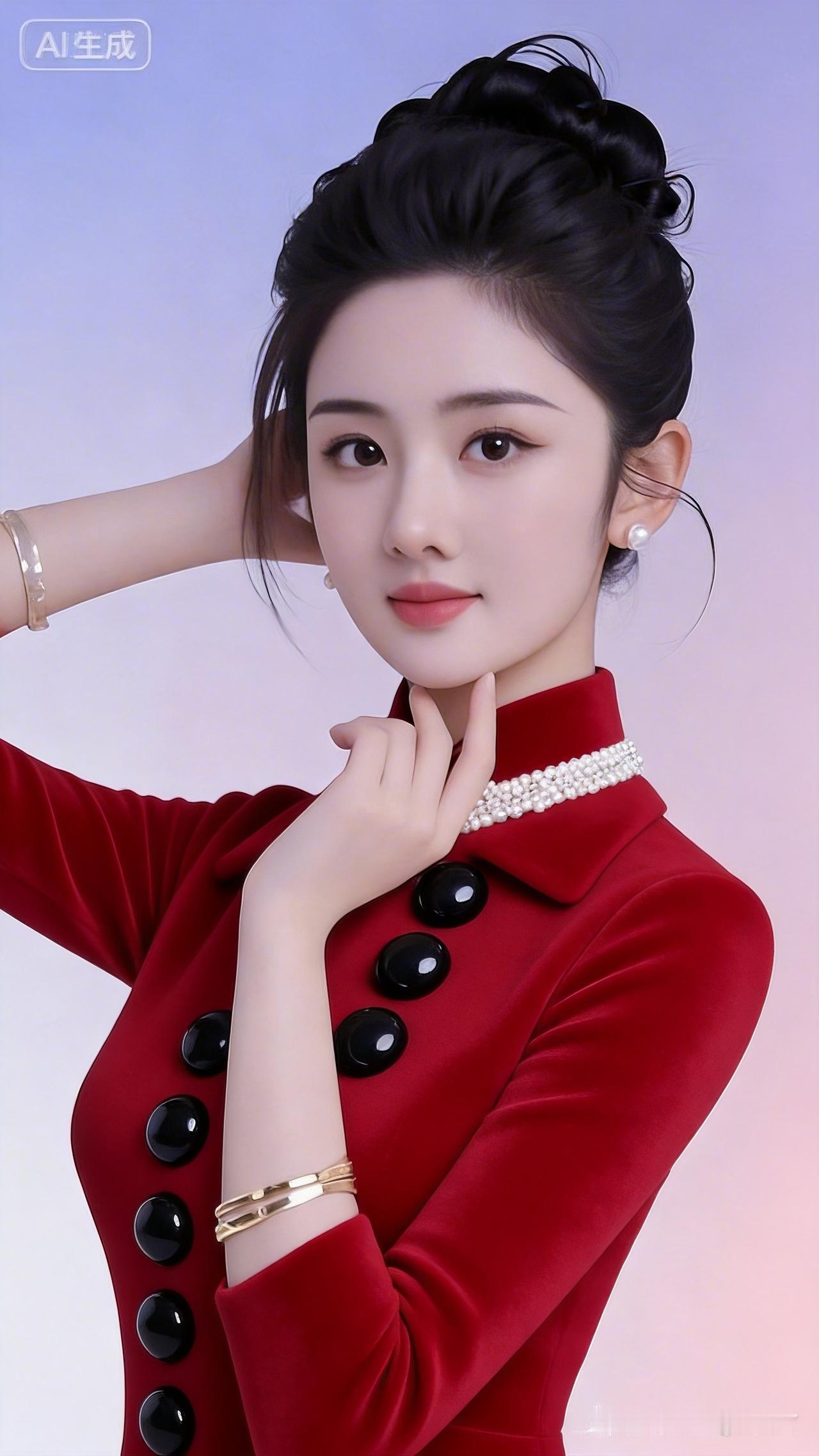 这位女士穿着红色外套，搭配珍珠饰品。