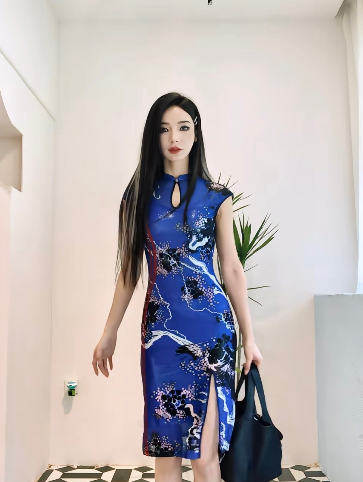 代斯又穿旗袍了代斯蓝色旗袍好有韵味再次解锁旗袍穿搭，蓝色旗袍款式经典耐看，修饰身