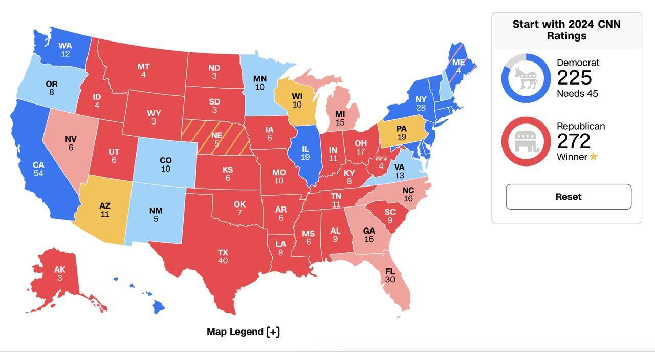 这是CNN的2024年美国大选的选举人票分布图，也是评估美国两党优胜的图。

要