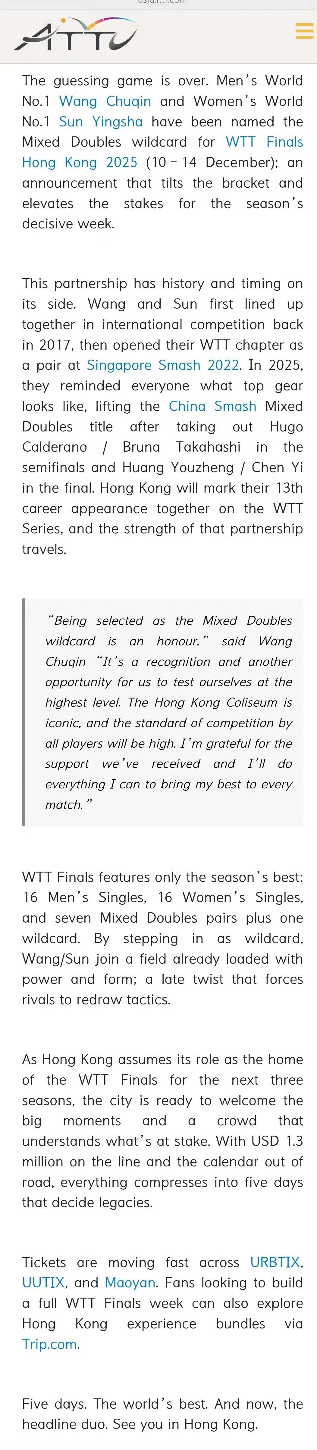 王楚钦孙颖莎获混双外卡 王楚钦/孙颖莎 获得WTT香港总决赛混双外卡 