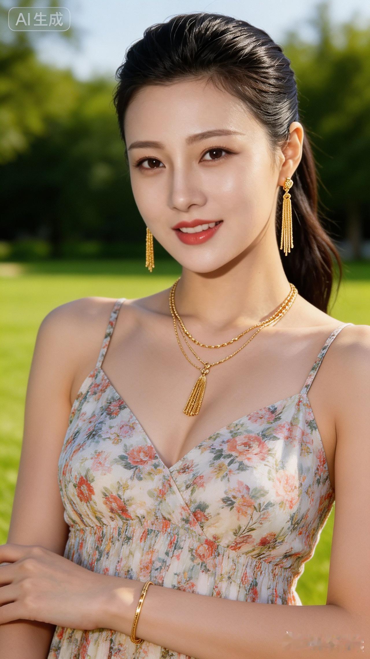 夏日清新穿搭，花裙配金饰，自然美如画！