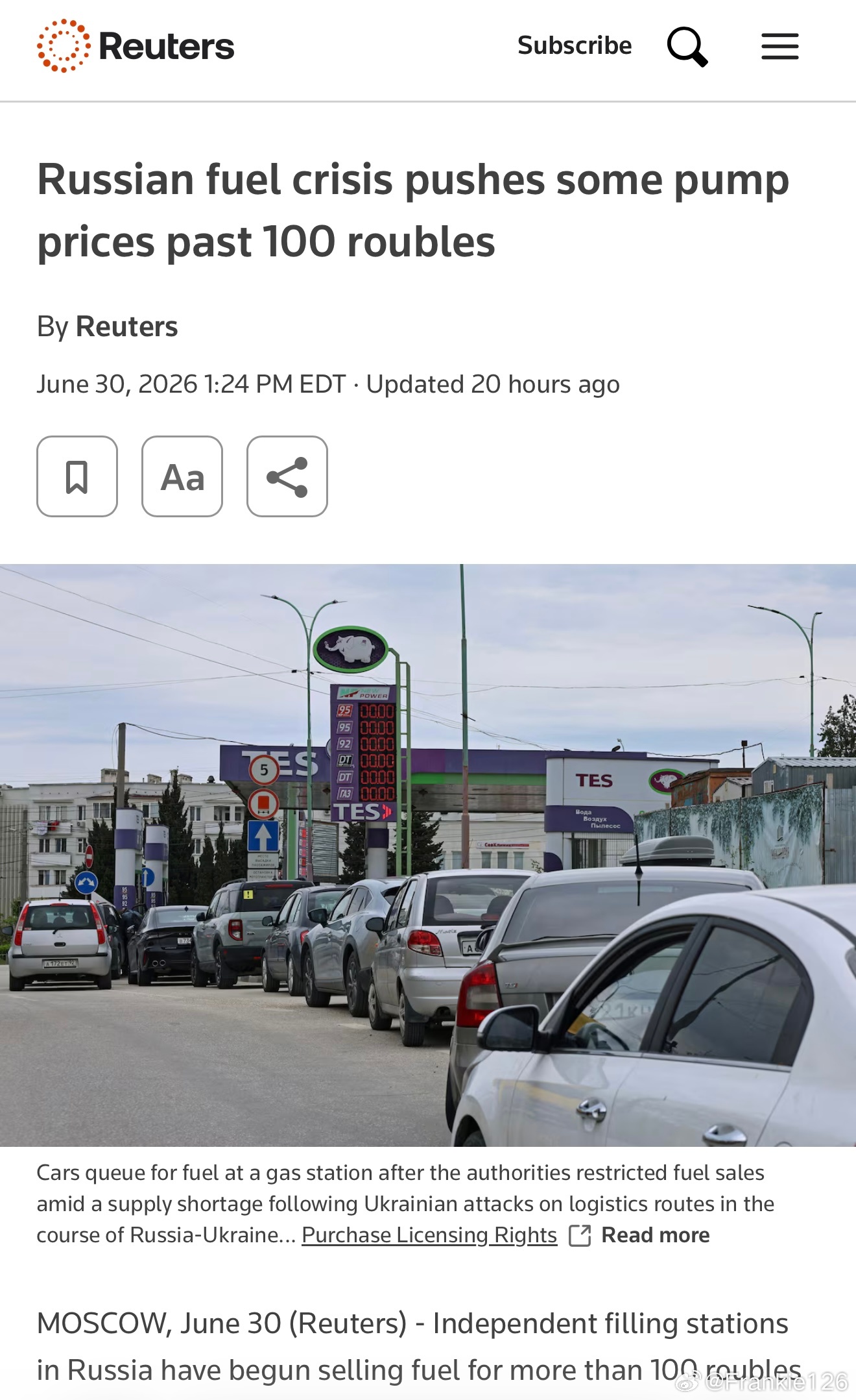 據路透社報導，俄羅斯的獨立加油站首次開始以每升超過100盧布（約1.27美元）的