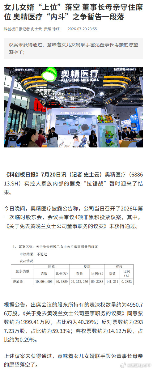 【女儿女婿“上位”落空 董事长母亲守住席位 奥精医疗“内斗”之争暂告】#女儿女婿