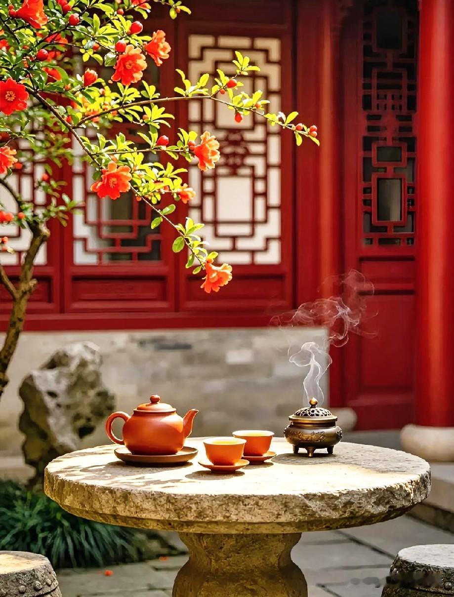 半生尘事随缘过，闲赏芳英。
一盏茶清，榴艳烘晴入夏庭。
抛开俗扰心安妥，静听蝉鸣