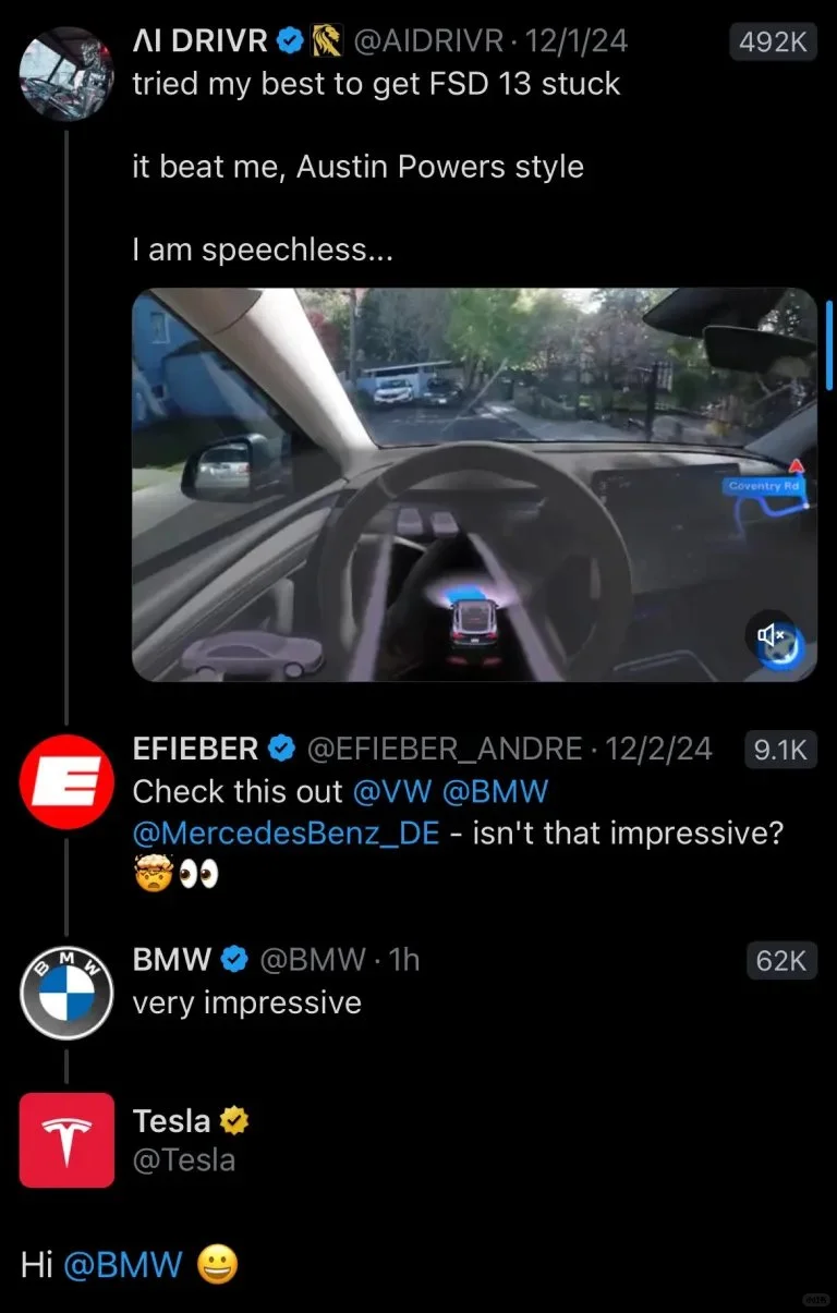 宝马向特斯拉低头，然后屈服——删除赞扬 FSD 的帖子！ 宝马刚刚删除...