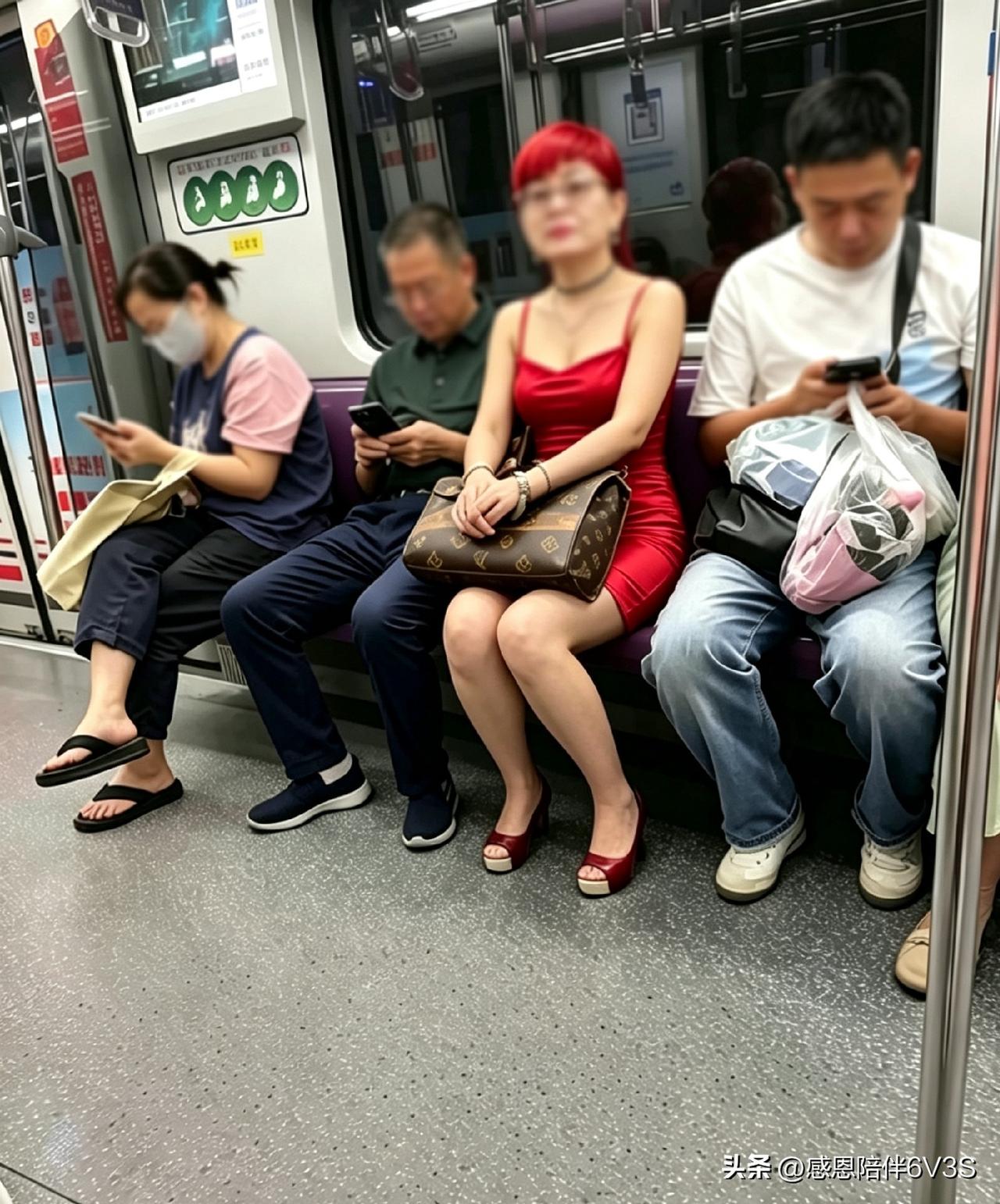 地铁车厢瞬间化身时尚秀场，这位大姐一出场便直接碾压全场！
她身着一袭亮眼的红色吊