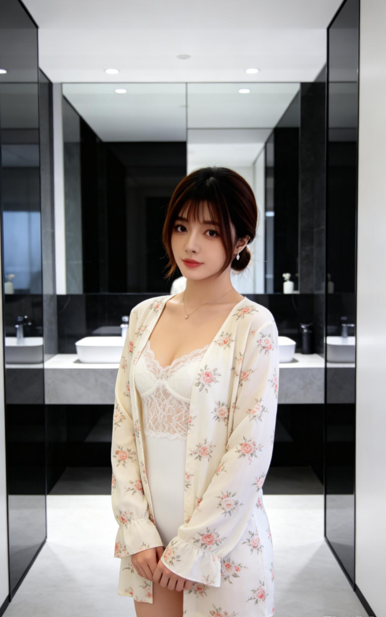 甜美的穿搭。
米白碎花长袖开衫，内搭蕾丝打底，温柔又有层次感。
美吗？