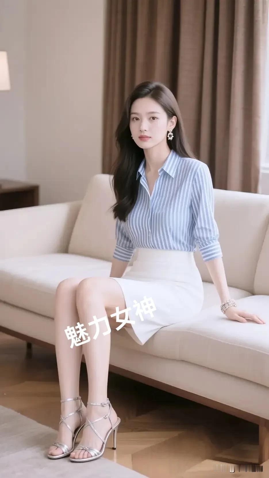 蓝条纹衬衫揉进室间的软光，白裙衬着鞋尖的银闪，连坐姿都漫着松弛的精致。高级感衬衣