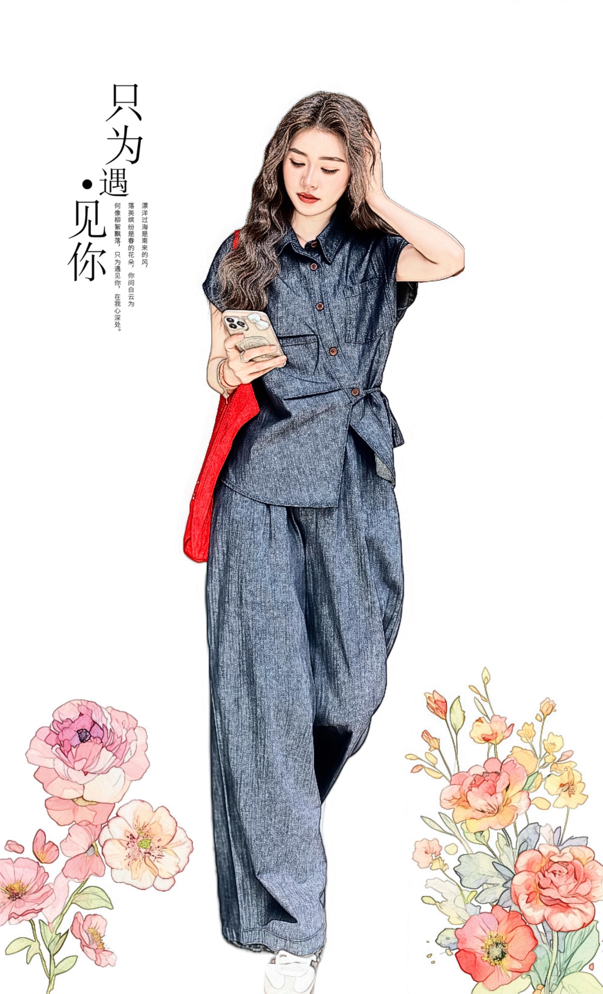 一份来自夏日的ootd.韩女氛围感我悟了！牛仔衬衫+同色系阔腿裤，韩里...