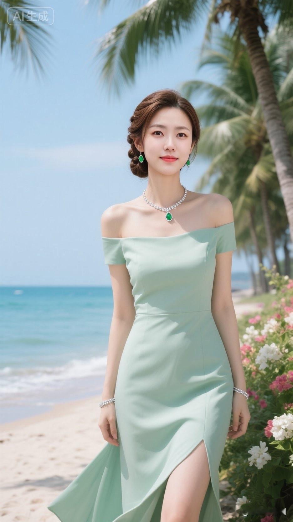 夏日海滩穿搭指南🌊✨ 清新薄荷绿连衣裙，搭配珍珠项链和耳环，尽显优雅与自然之美
