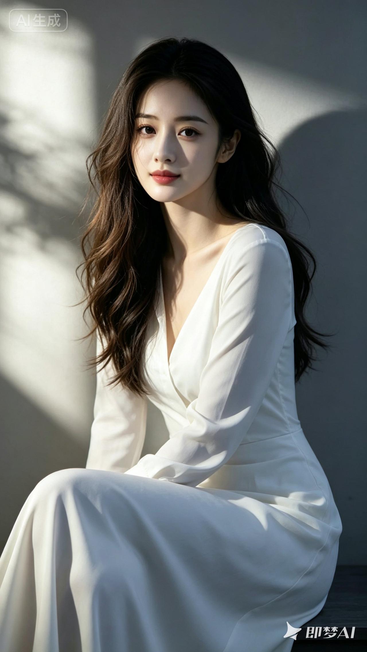 优雅白裙，光影中的迷人少女