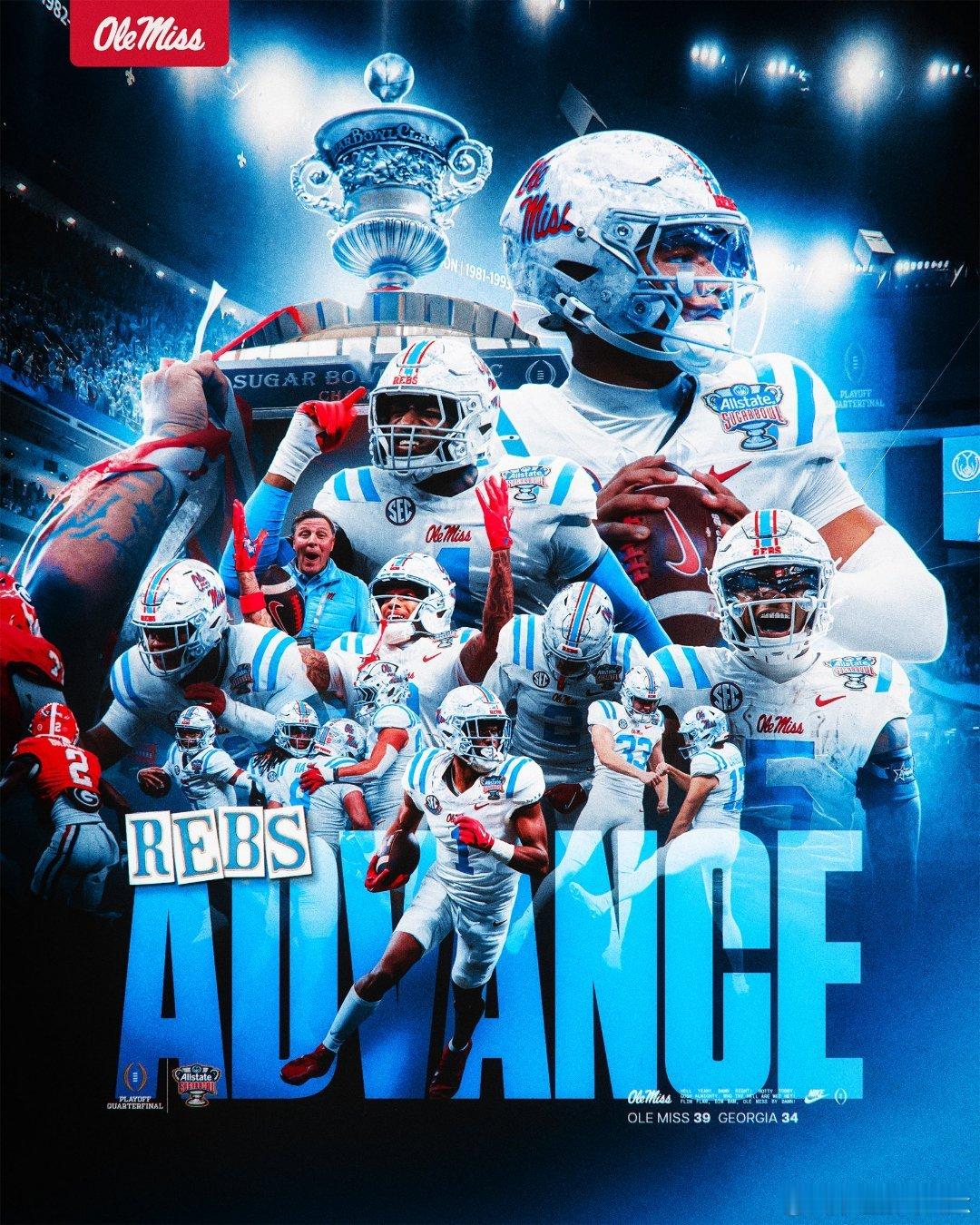 2024-2025赛季大学橄榄球季后赛Sugar Bowl砂糖碗，密西西比大学击