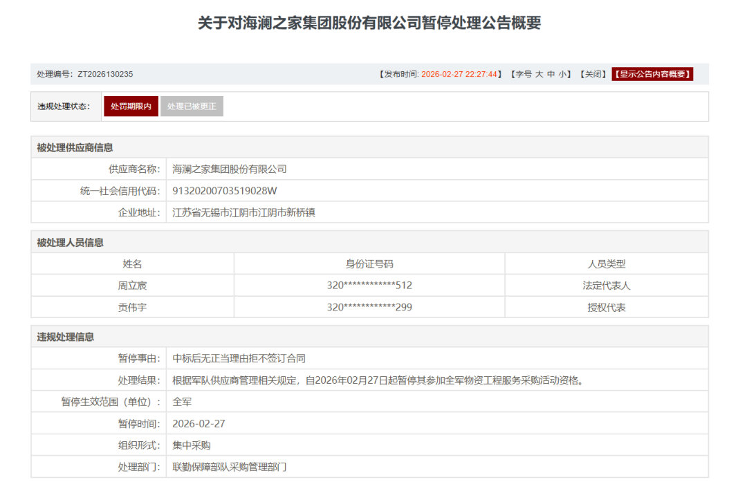 【#海澜之家被暂停全军采购资格#】近日，军队采购网发布一则违规处理公告，知名服饰