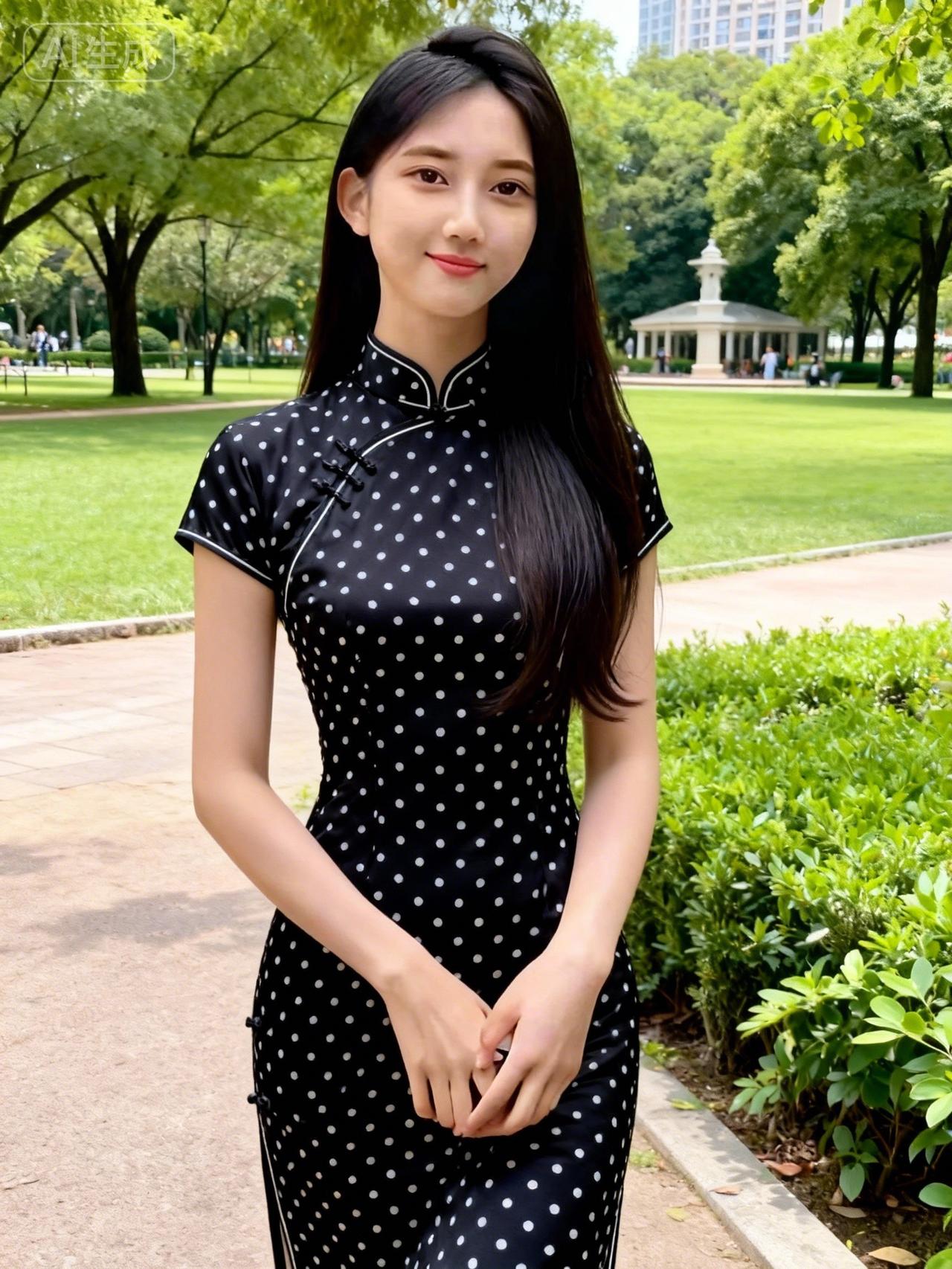 优雅黑裙，绿意公园，清新自然，美不胜收！