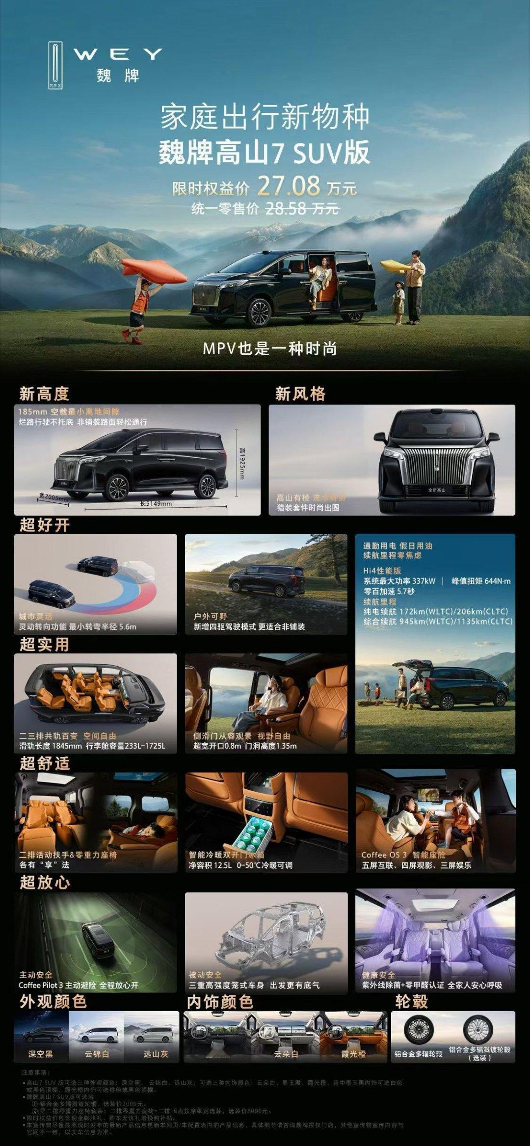 魏牌高山7 SUV版价格已经公布了：统一零售价28.58万元，限时权益价27.0