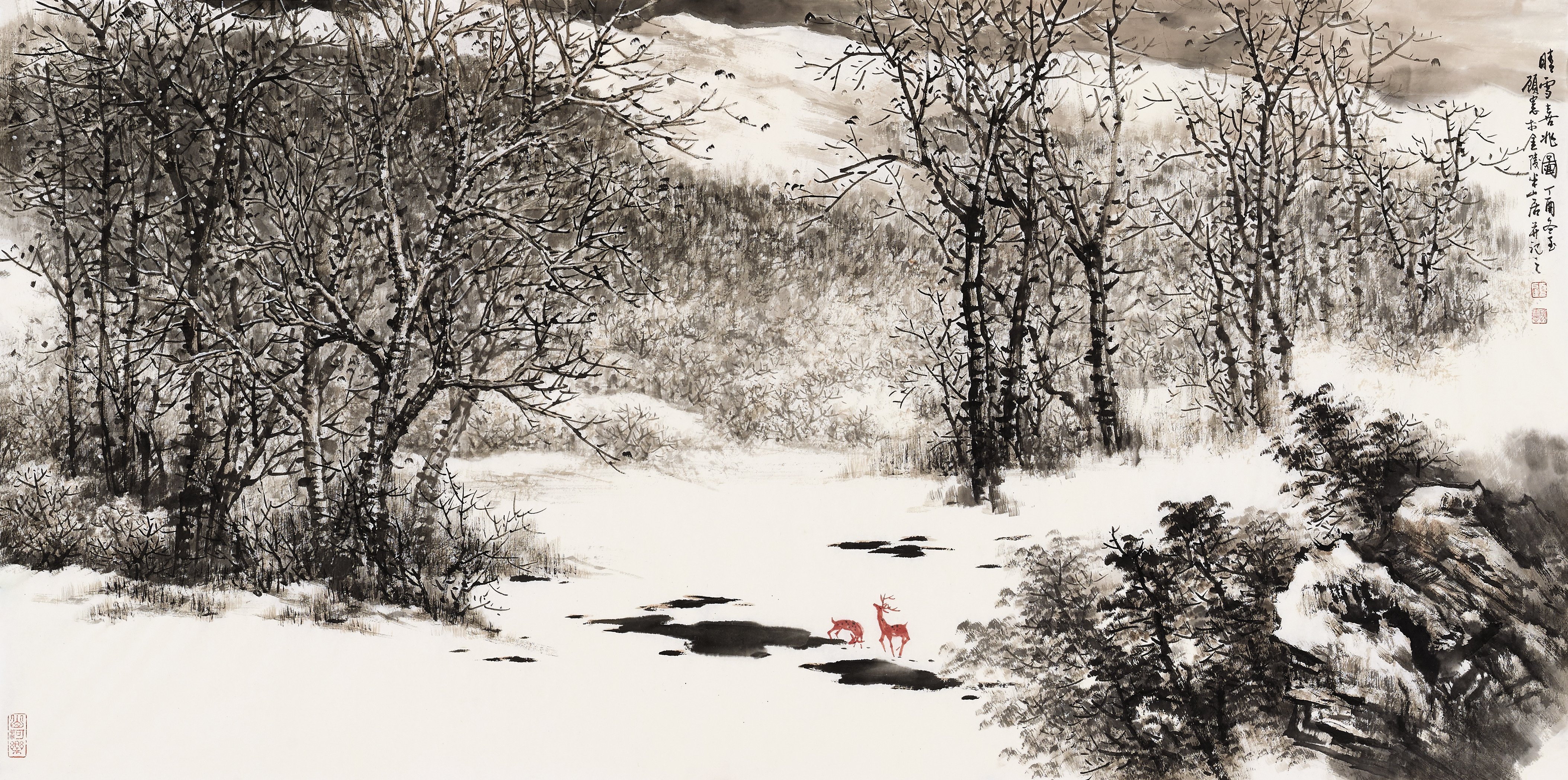 【双鹿点睛，红破素白】雪野茫茫，唯两鹿朱红如血，跃然纸上。一昂首，一俯身，似嬉戏