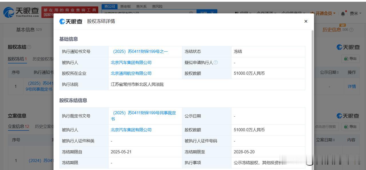 【北汽集团所持5.1亿股权被冻结】
天眼查深度风险信息显示，近日，北京汽车集团有