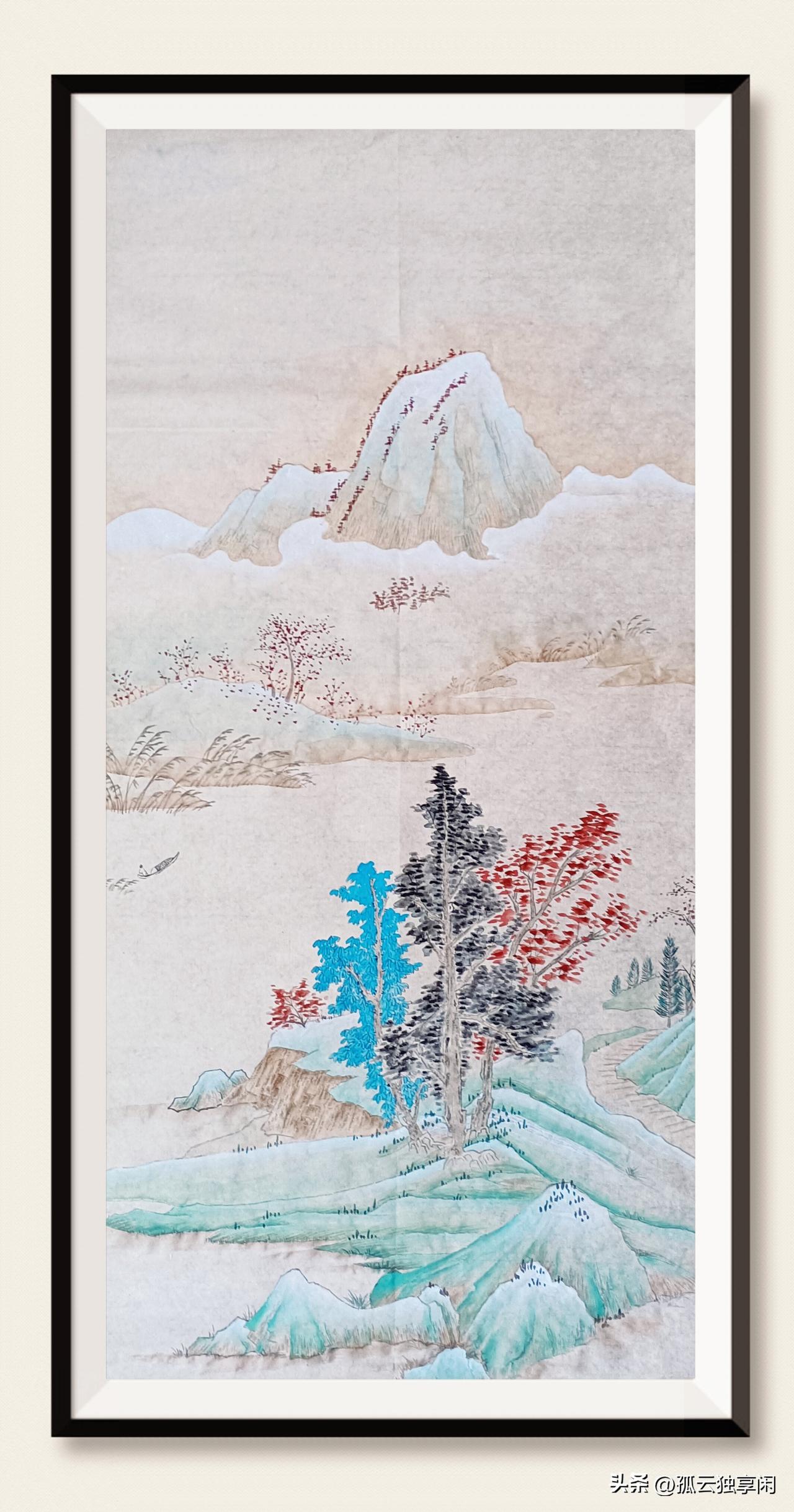 临摹张大千《春山溪树图》。颜色还是有点淡啊！