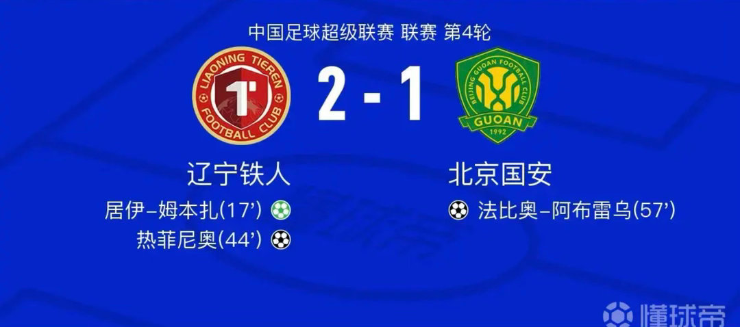 铁人2-1国安迎两连胜，姆本扎传射，热菲尼奥、法比奥破门足球中超 北京时间4月4