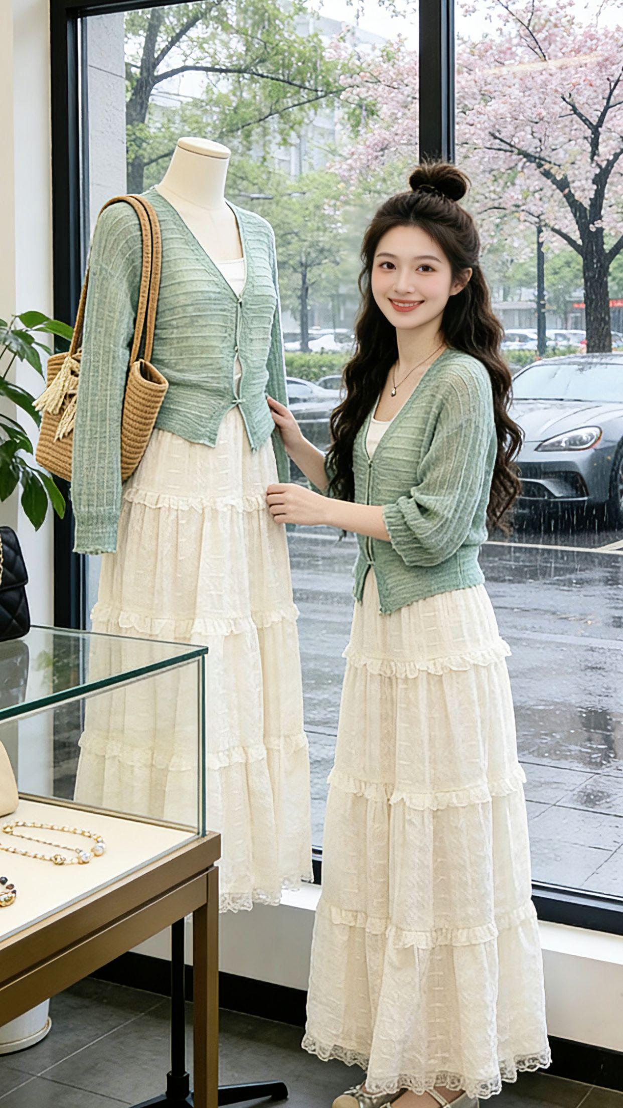 Danny的春日心动穿搭来啦！法式薄荷蓝针织两件套，自带温柔氛围感，短款开衫搭配