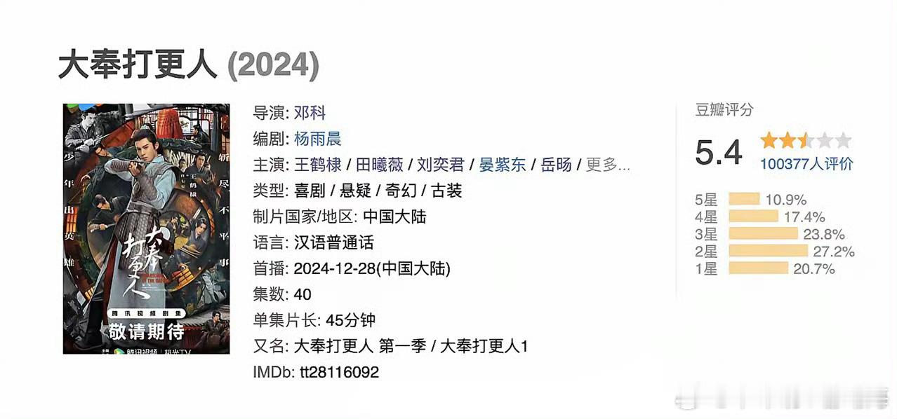 王鹤棣主演的两部男频，一部《将夜2》最后评分5.4分，现在正在播出的大IP《大奉