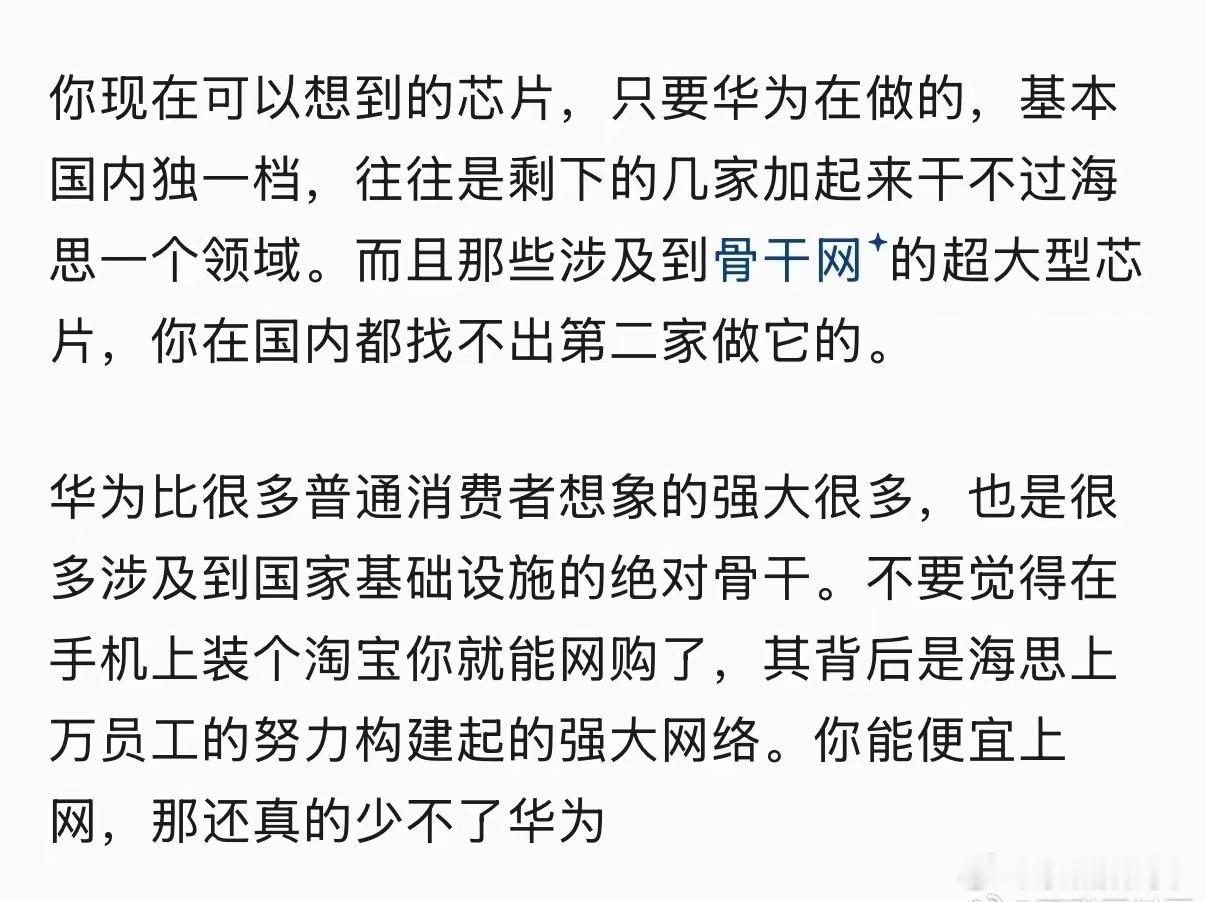 只要华为在做的，基本国内独一档，往往是剩下的几家加起来干不过海思一个领域。说透了