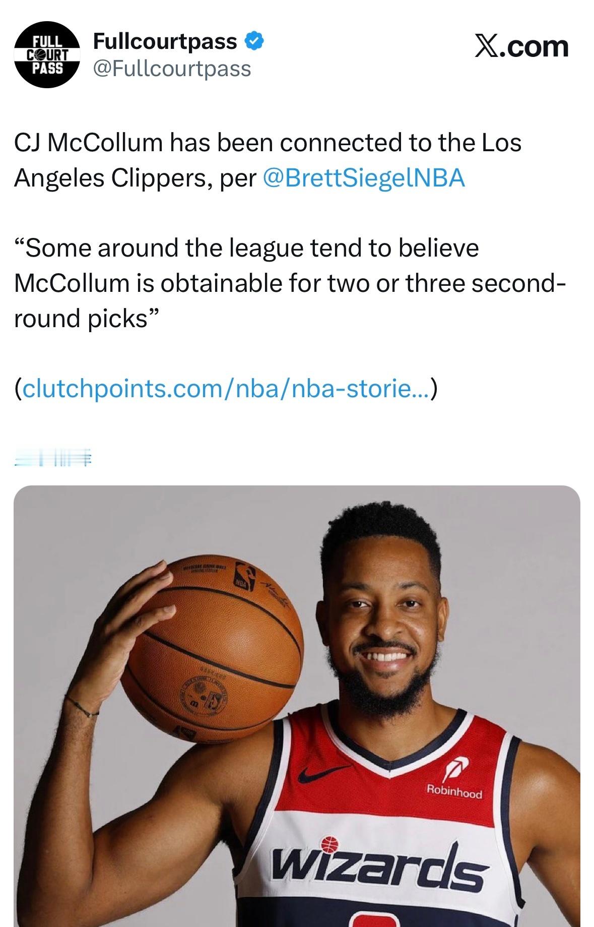 Brett Siegel：CJ-麦科勒姆目前与洛杉矶快船队产生了交易流言。“联盟