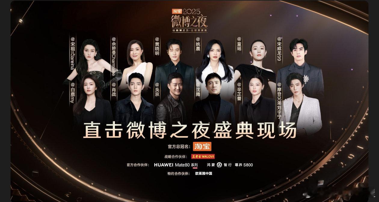 微博之夜另一版预约直播海报站位来了这版一排6人，由吴京沈腾、黄晓明姚晨在c！ 
