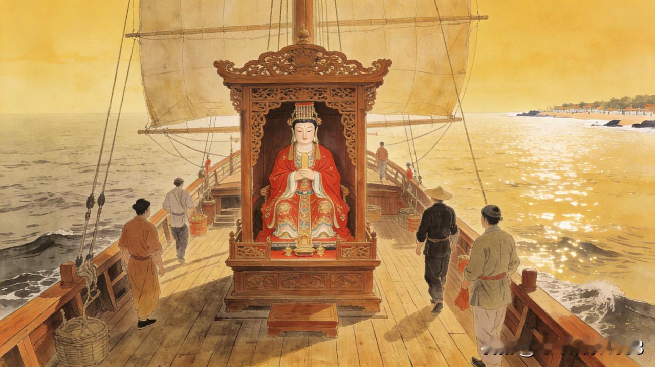 在闽粤沿海的商船里，妈祖像永远摆在最显眼的神龛上。对世代靠海吃饭的商人来说，妈祖