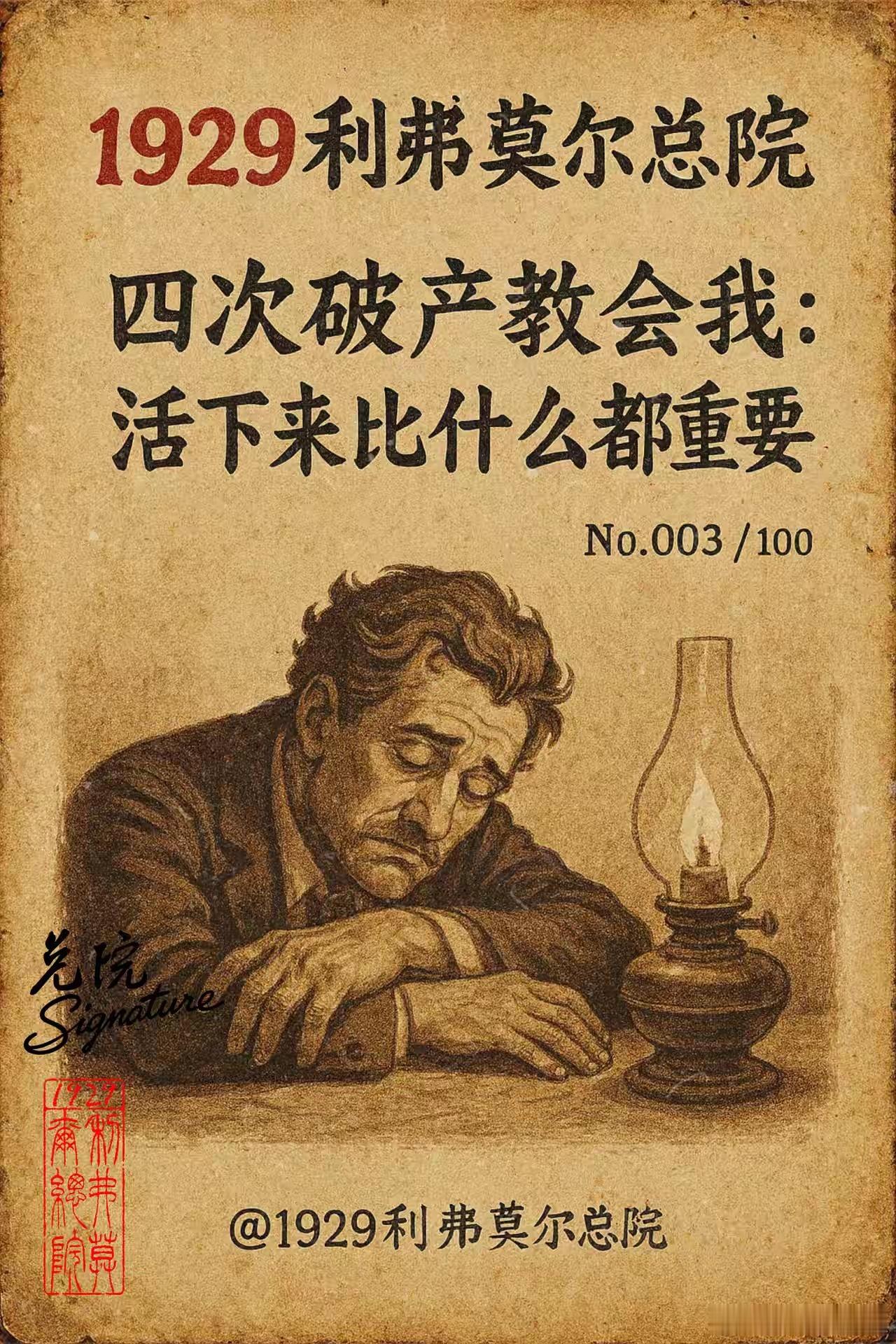 利弗莫尔说：4次破产教会我，活下来，比什么都重要。多数人把破产当终点，而他把破产