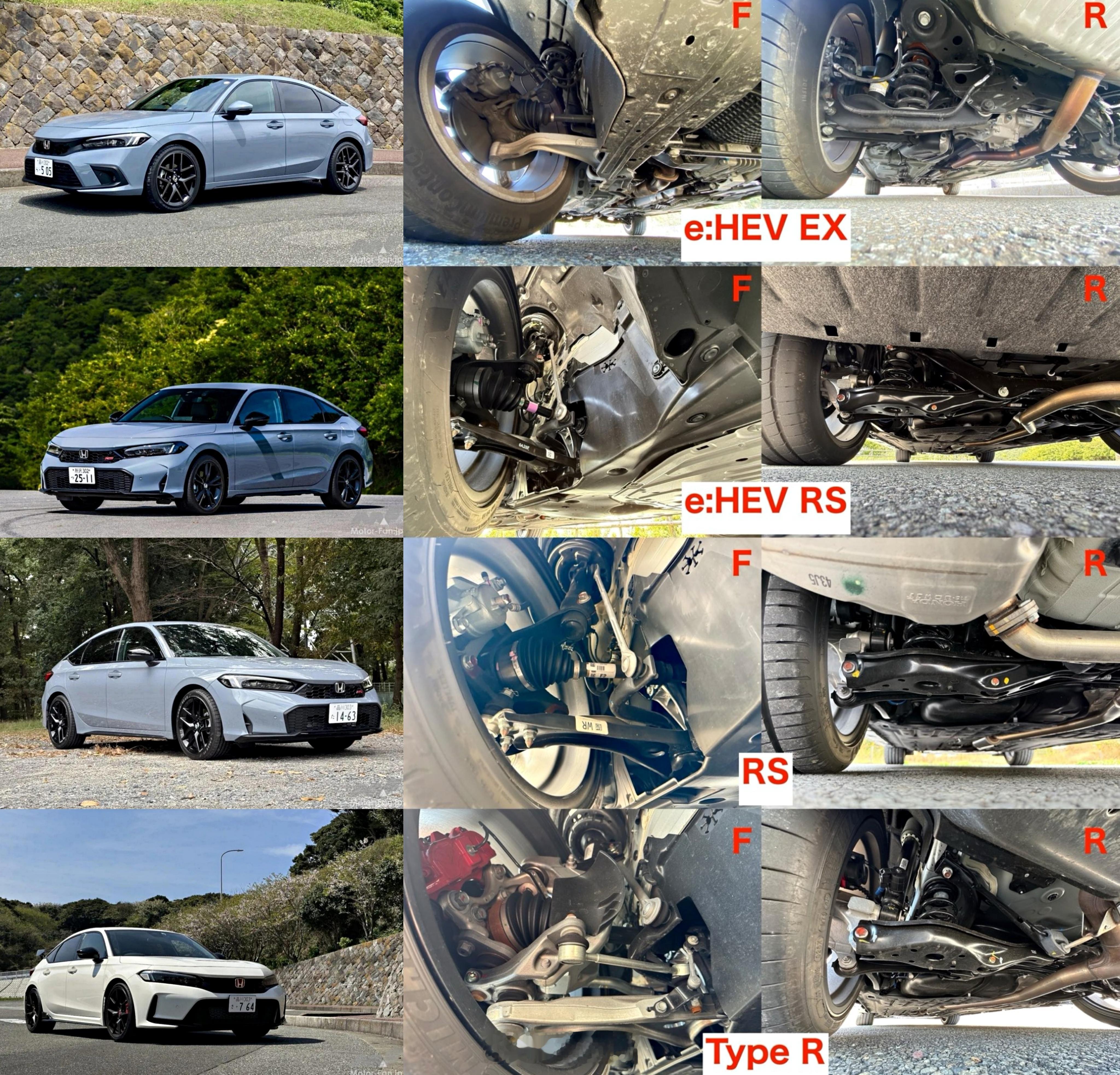 思域车系前后悬对比混动ex，混动rs，rs，type r（图自motorfan）
