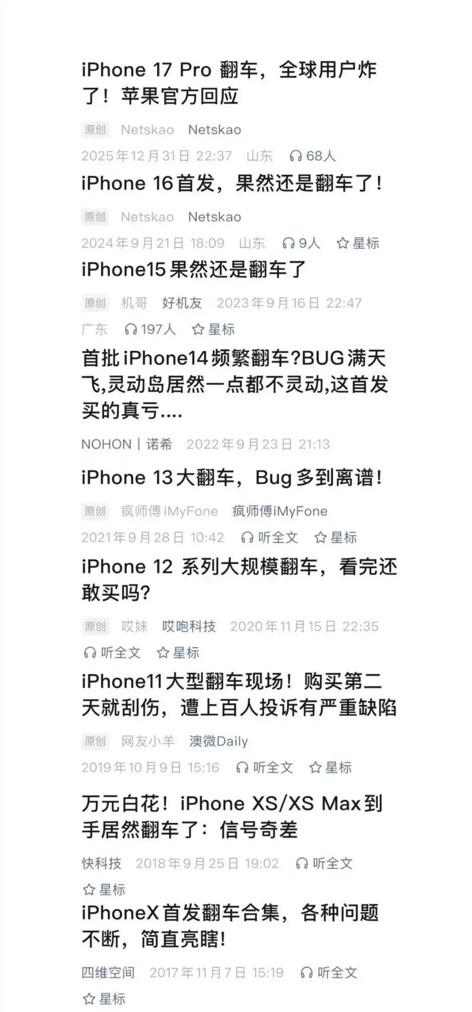 请问哪年有说iPhone不翻车的吗？今年标题：iPhone18Pro大翻车，放弃