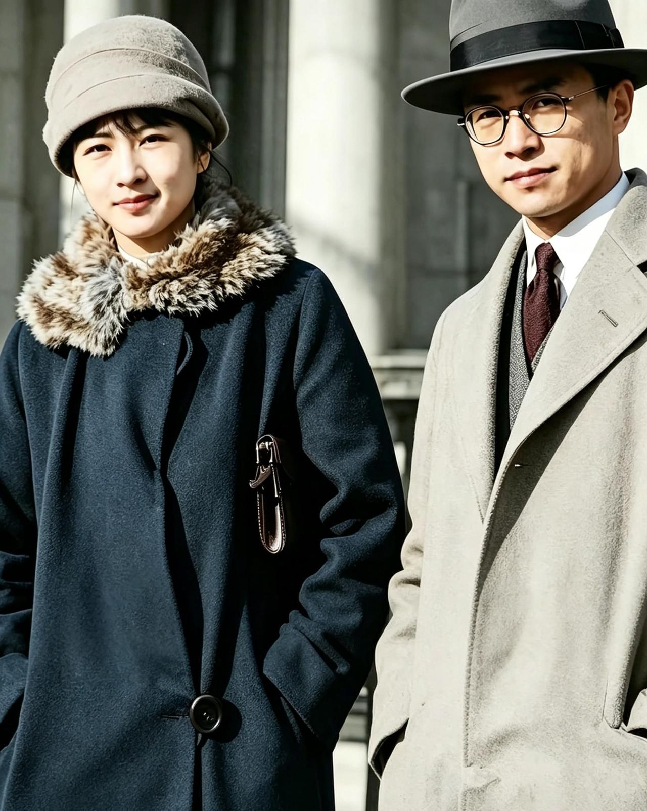 这张帅哥美女就是林徽因和梁思成。
 
画面里的林徽因只有20岁，身穿厚呢大衣，头