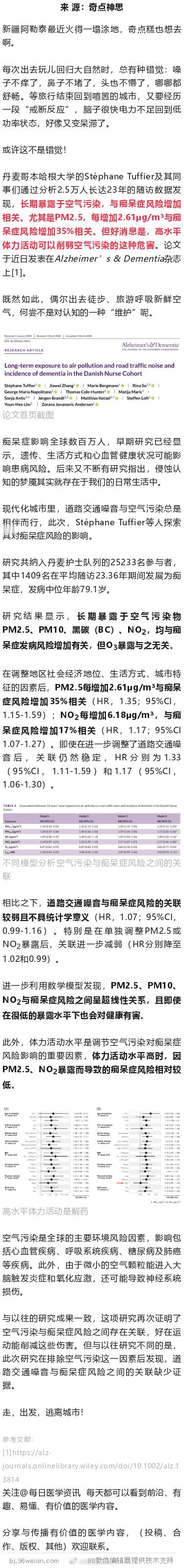 AD：哥本哈根大学团队发现，运动可降低长期暴露于空气污染里增加的痴呆风险！ ​​