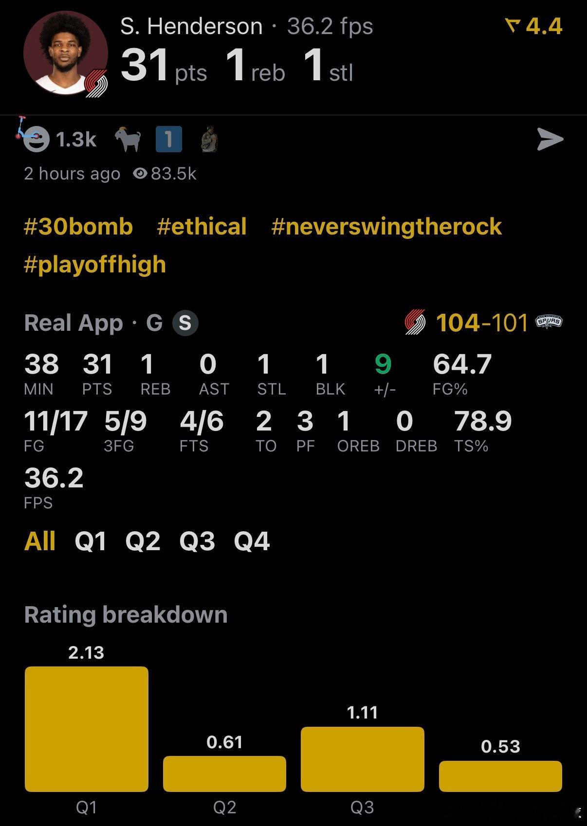 开拓者vs马刺 开拓者这位来自点燃队的榜眼秀亨德森真要刮目相看了啊