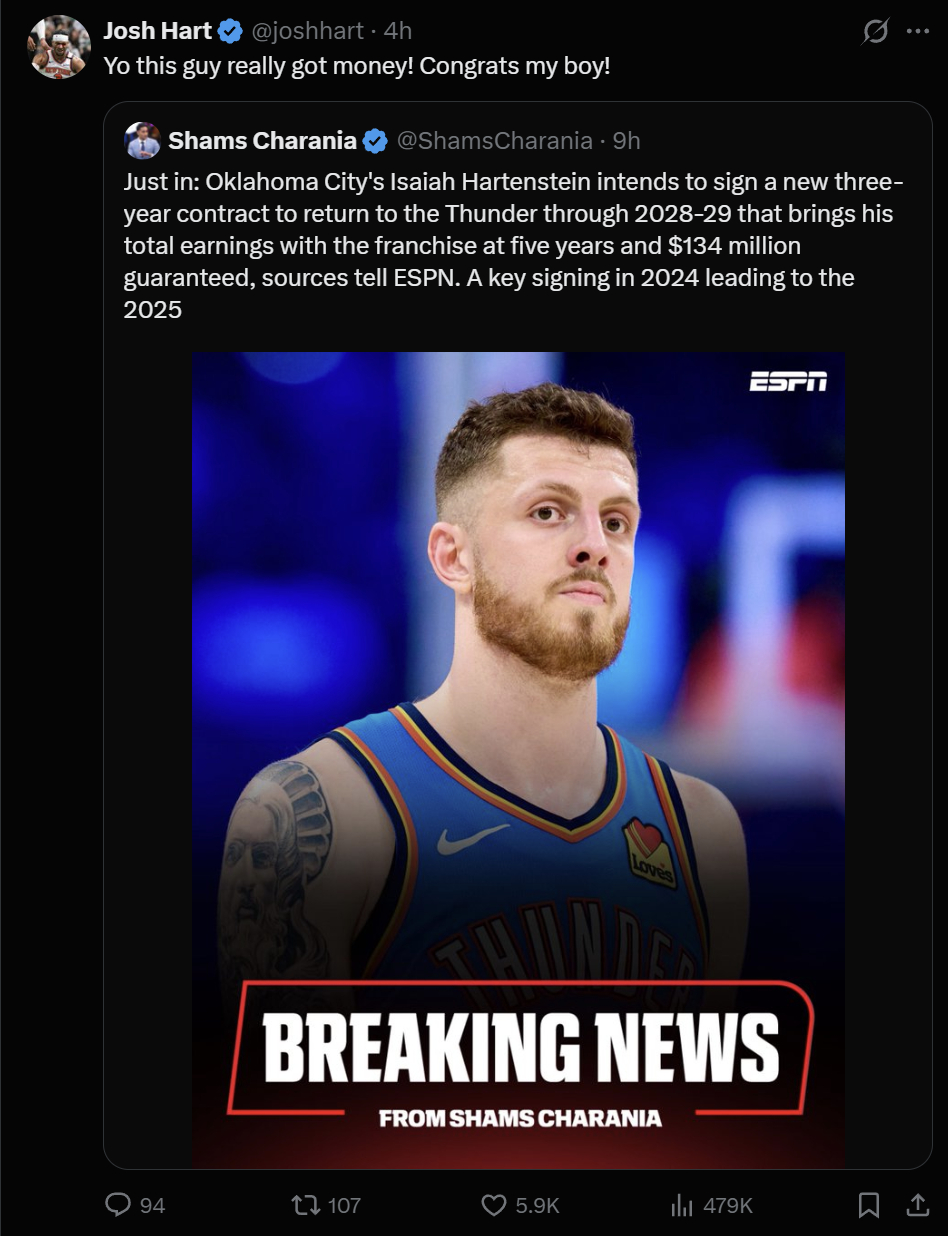 老队友约什哈特祝贺哈滕再拿大合同！编辑by 蓝色狂潮OKC雷霆