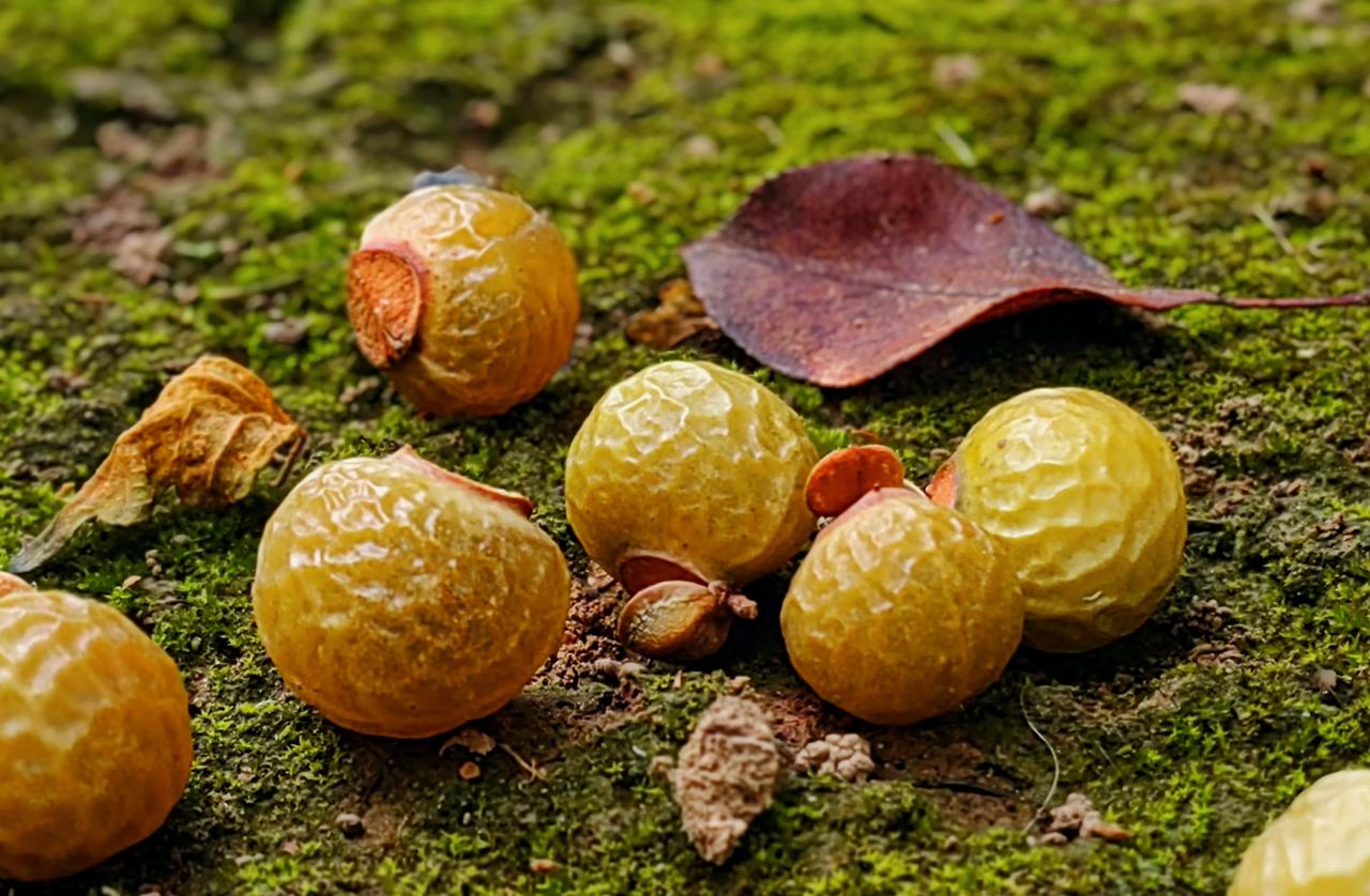 每年这个季节，树上都会挂满这种果实，成熟的一阵风就可以把它们摇落满地。初看很像桂