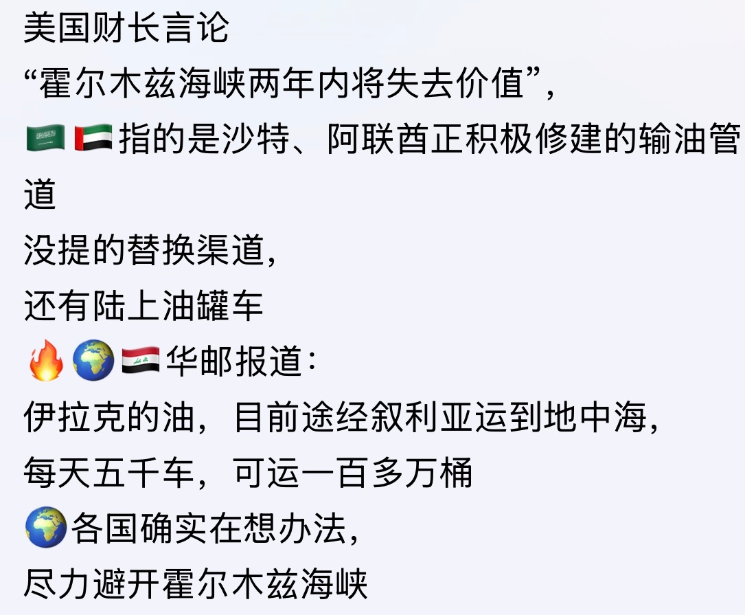 是的！只有伊没有其它选项。。。美国财长：“霍尔木兹海峡两年内将失去价值” 美伊冲