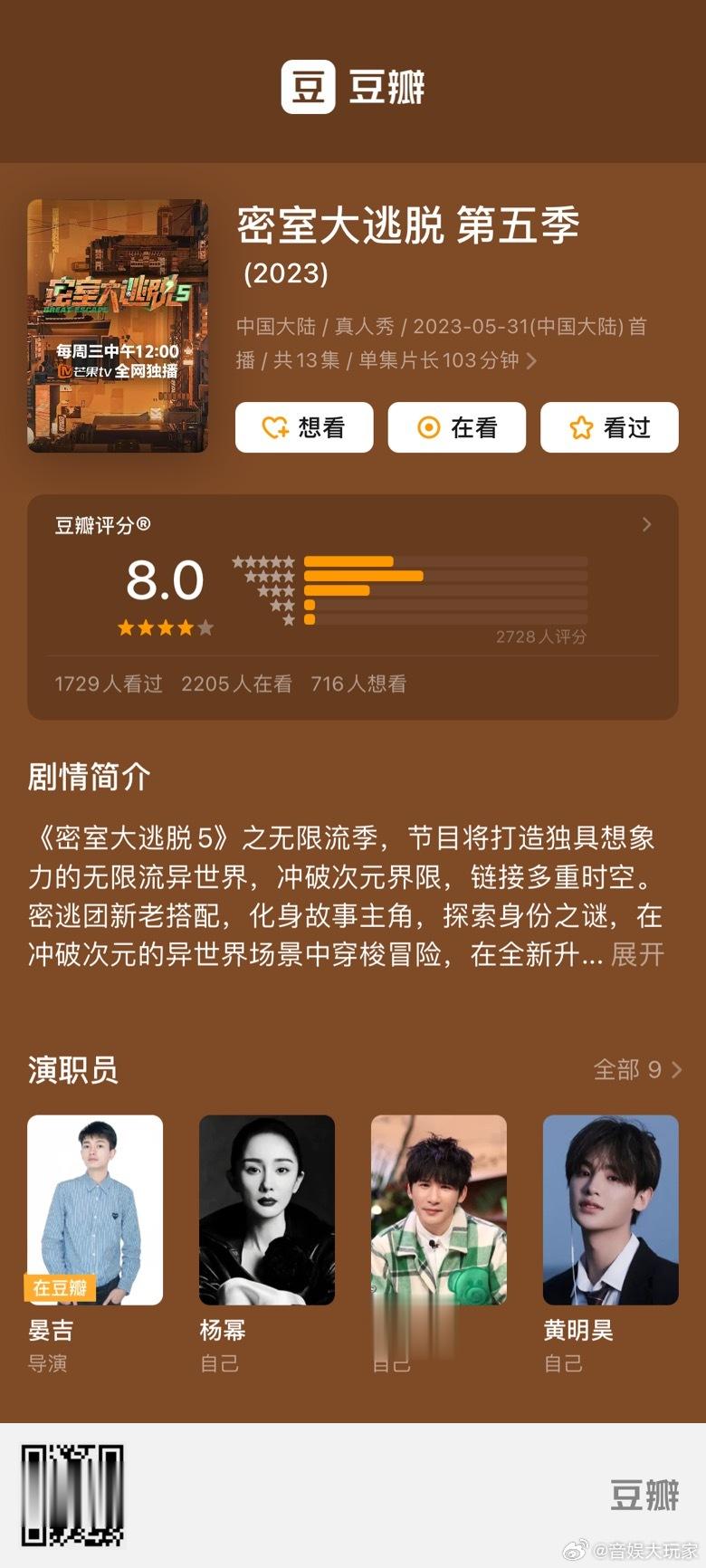 #密室大逃脱5豆瓣开分# 这一季的密室大逃脱这个格局是真的非常大，特别是科普d品